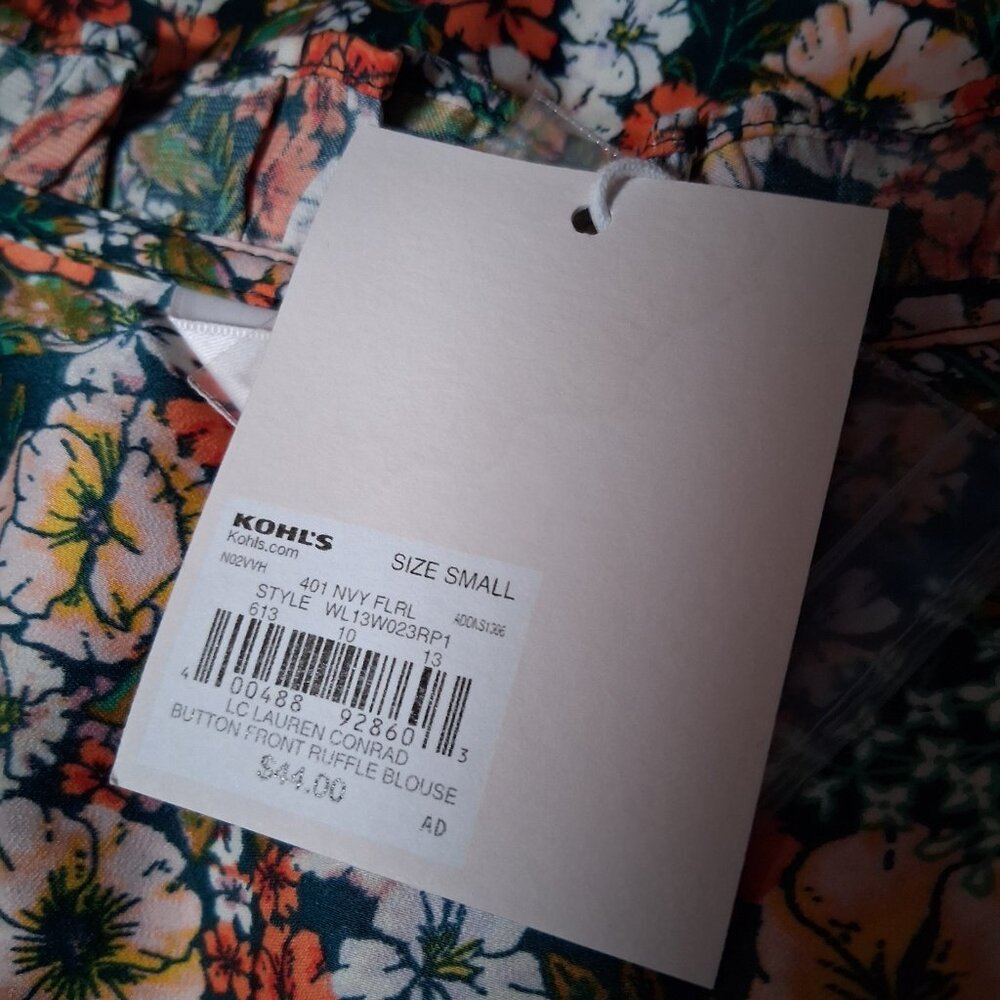 Lauren Conrad Blouse Small Green Peach Floral Button Front Ruffle Country Flower - Picture 7 of 16